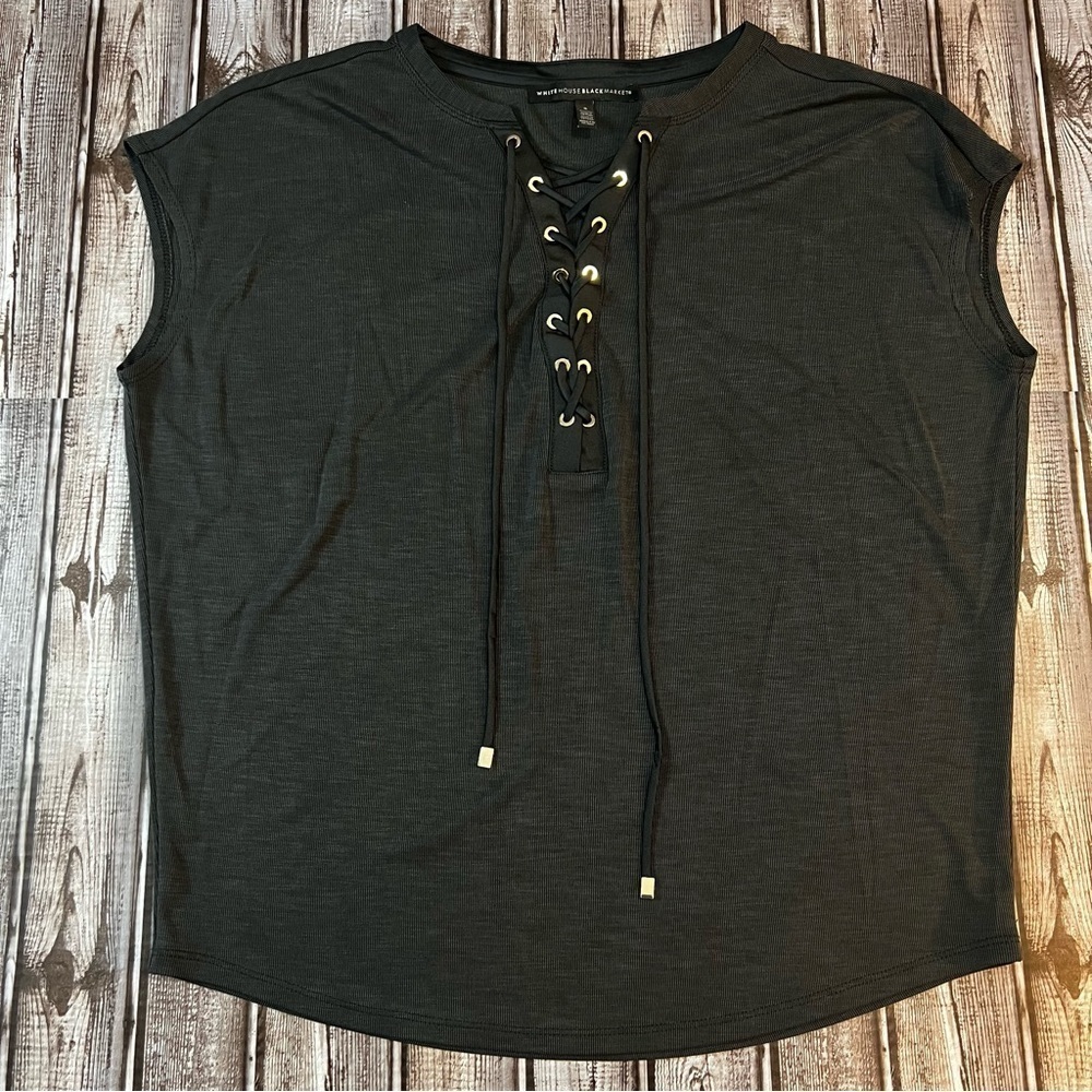 White House Black Market - Dark Grey Ribbed Sleeveless Lace up Shirt sz Small *